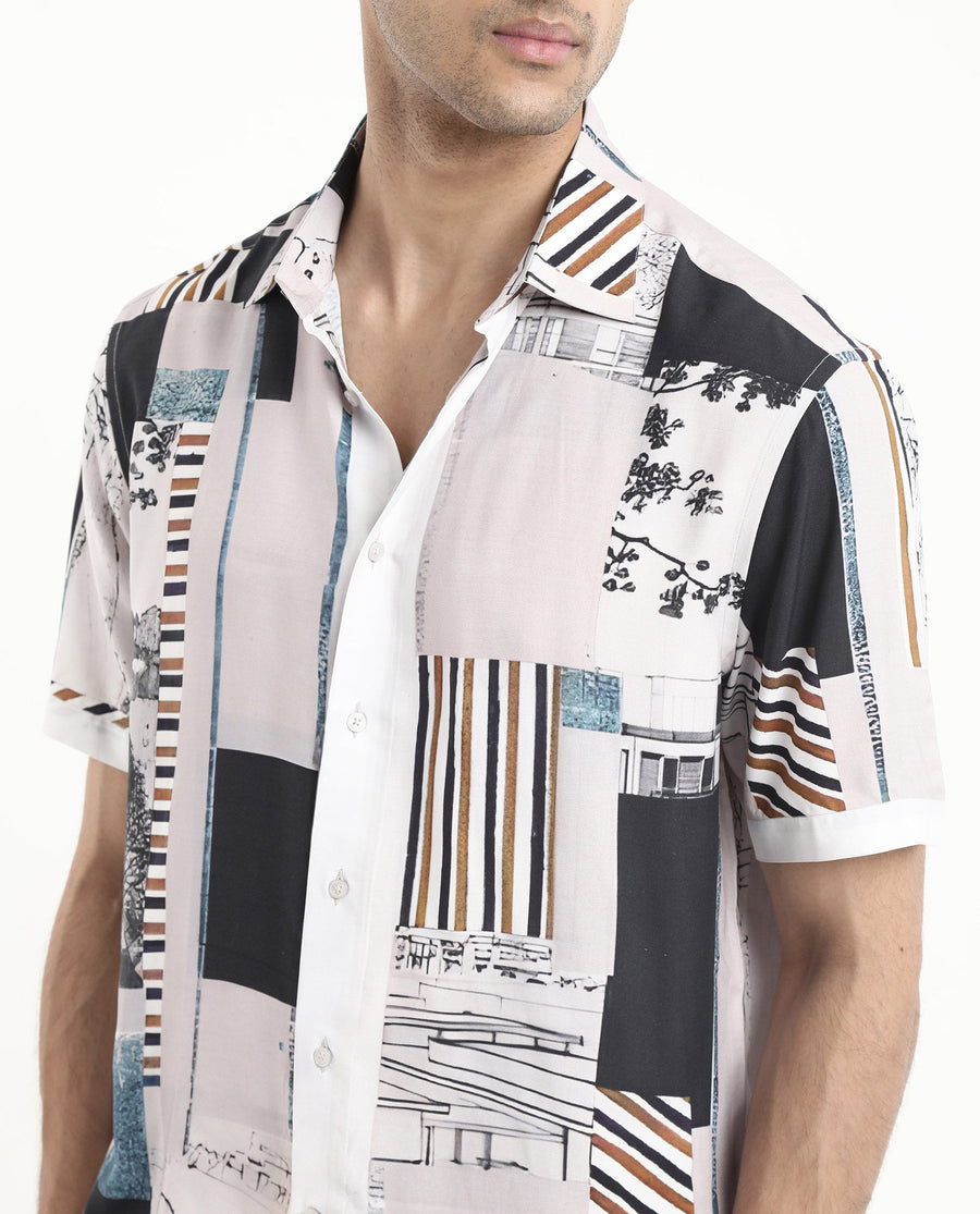 Rare Rabbit Men's Bellatrix White Viscose Abstract Print Boxy Fit Half Sleeve Collared Shirt