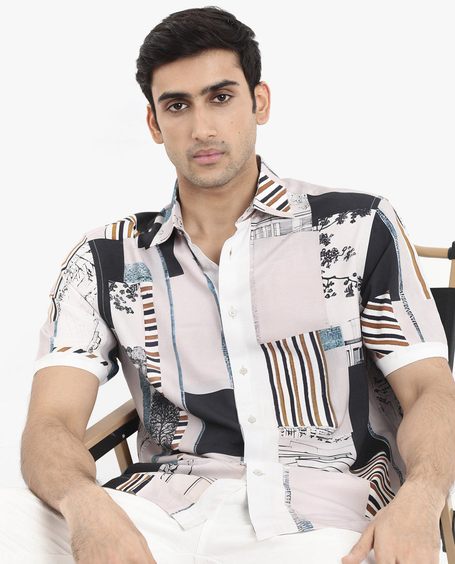Rare Rabbit Men's Bellatrix White Viscose Abstract Print Boxy Fit Half Sleeve Collared Shirt