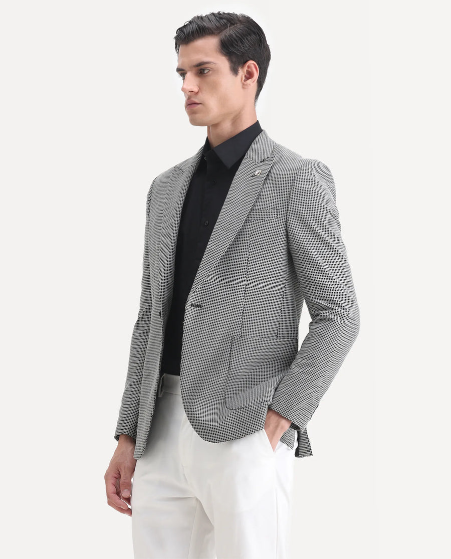 Rare Rabbit Men's Bellion Black Polyester Checked Print Tailored Fit Full Sleeve Lapel Neck Blazer