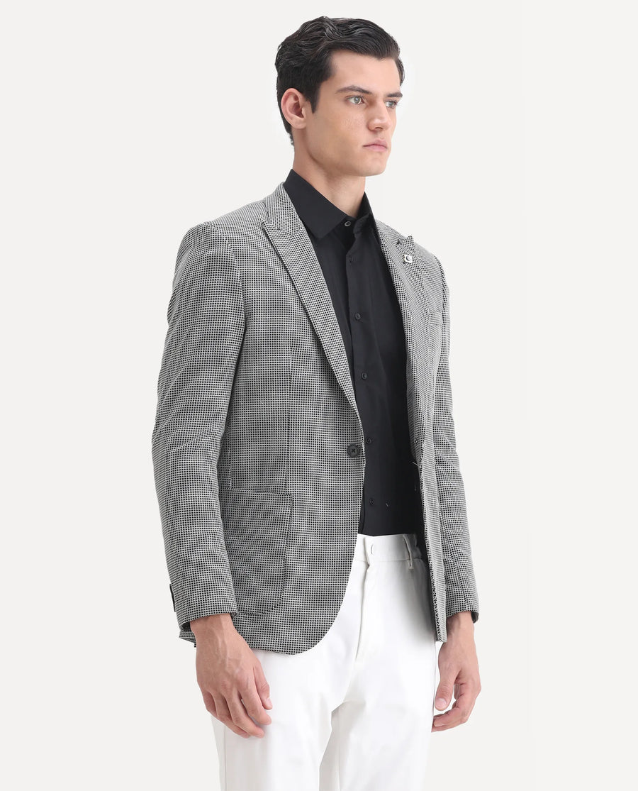 Rare Rabbit Men's Bellion Black Polyester Checked Print Tailored Fit Full Sleeve Lapel Neck Blazer