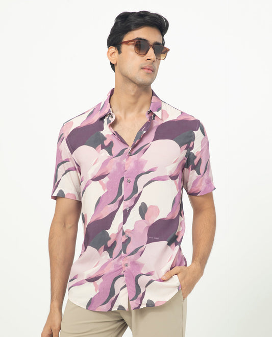 Rare Rabbit Men's Belmont Purple Viscose Abstract Print Regular Fit Half Sleeve Collared Shirt