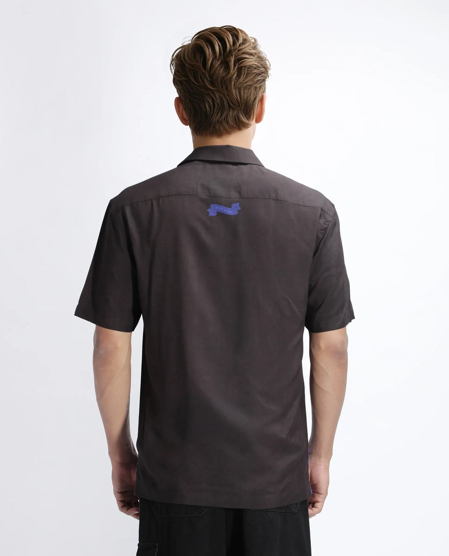 Rare Rabbit Men's Bem Dark Brown Viscose Abstract Print Boxy Fit Half Sleeve Cuban Collar Shirt