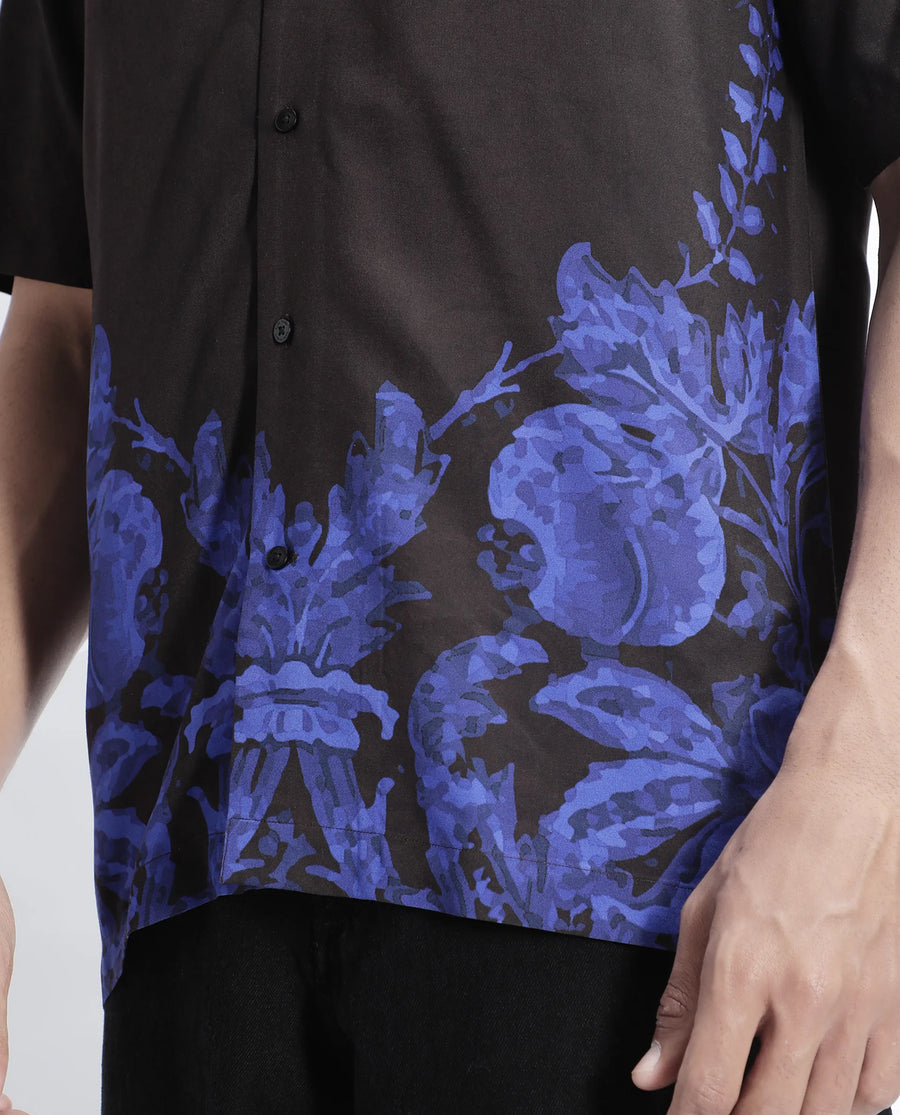 Rare Rabbit Men's Bem Dark Brown Viscose Abstract Print Boxy Fit Half Sleeve Cuban Collar Shirt