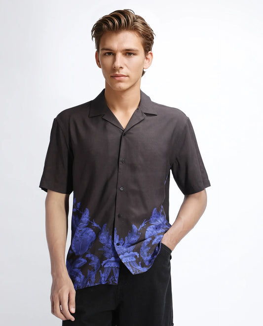 Rare Rabbit Men's Bem Dark Brown Viscose Abstract Print Boxy Fit Half Sleeve Cuban Collar Shirt