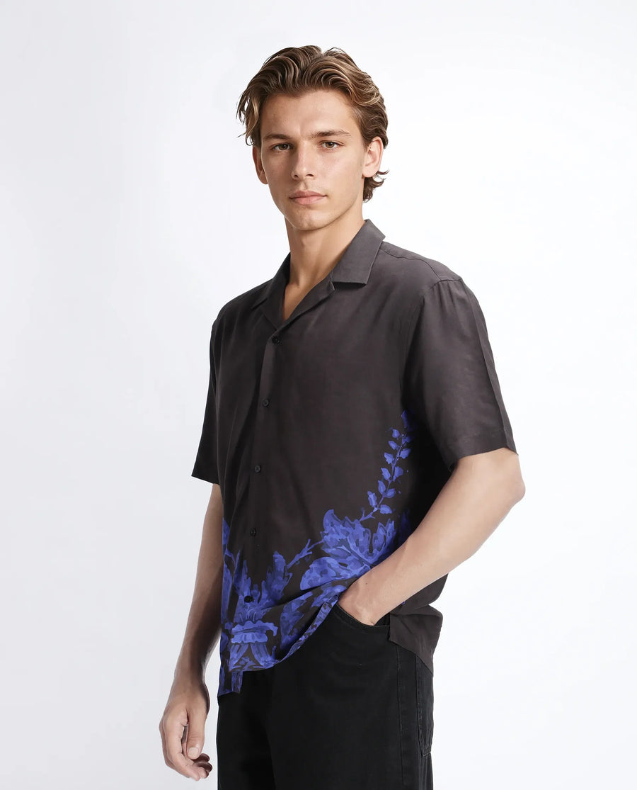 Rare Rabbit Men's Bem Dark Brown Viscose Abstract Print Boxy Fit Half Sleeve Cuban Collar Shirt