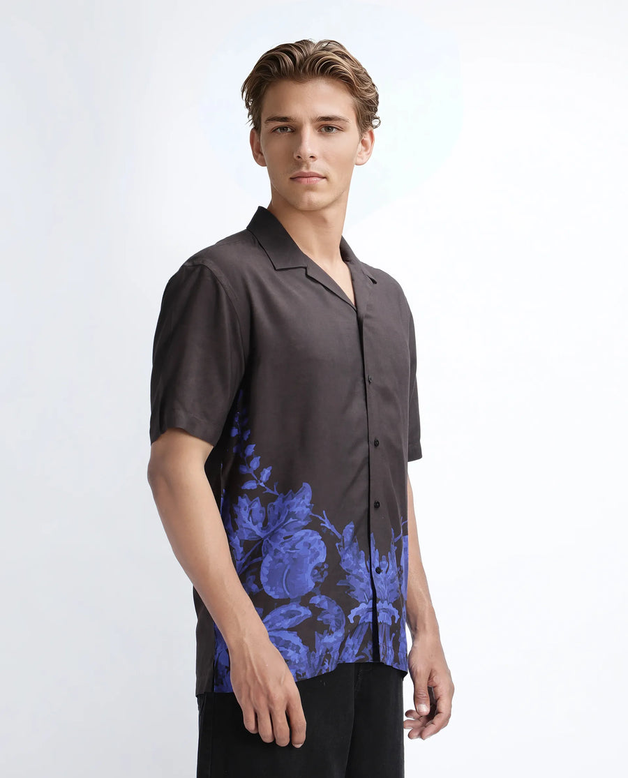Rare Rabbit Men's Bem Dark Brown Viscose Abstract Print Boxy Fit Half Sleeve Cuban Collar Shirt