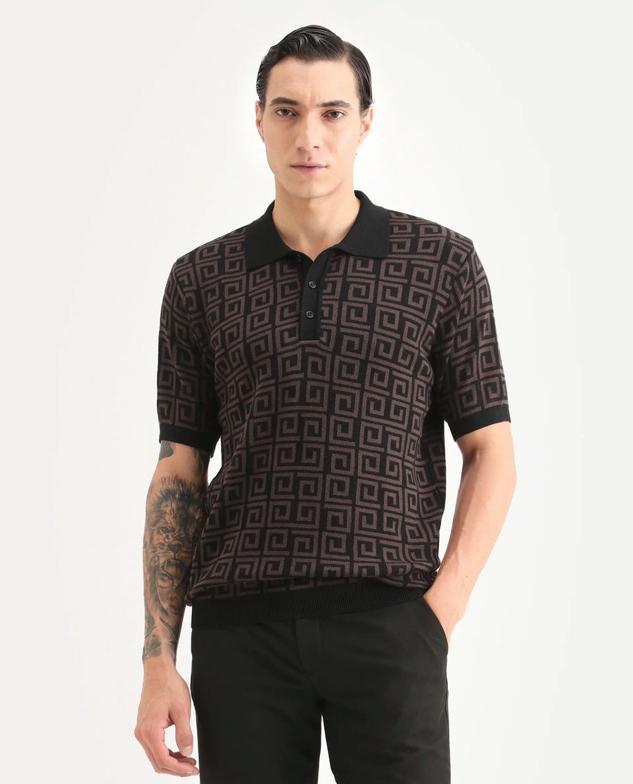 Rare Rabbit Men's Bennett Dark Brown Cotton Fabric Half Sleeve Regular Fit Geometric Print Polo