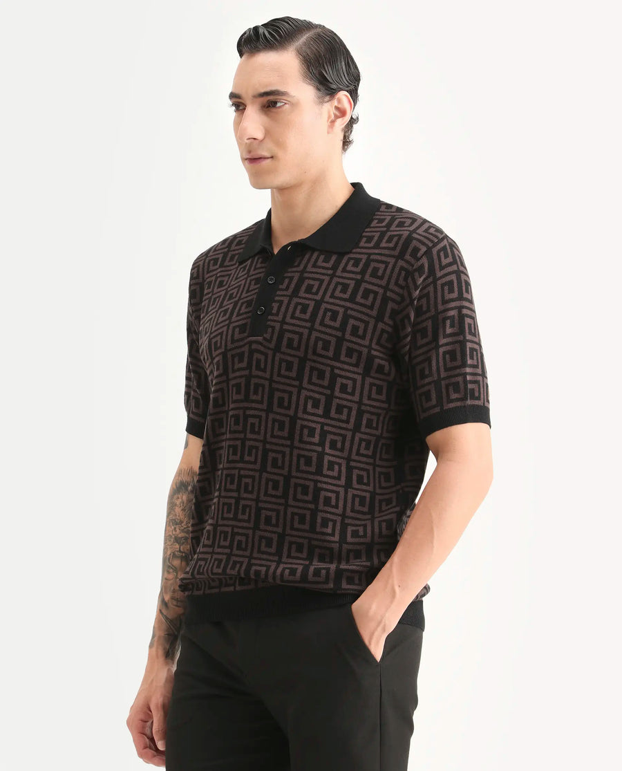 Rare Rabbit Men's Bennett Dark Brown Cotton Fabric Half Sleeve Regular Fit Geometric Print Polo