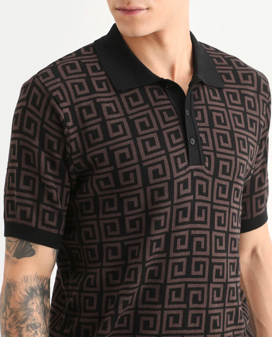 Rare Rabbit Men's Bennett Dark Brown Cotton Fabric Half Sleeve Regular Fit Geometric Print Polo
