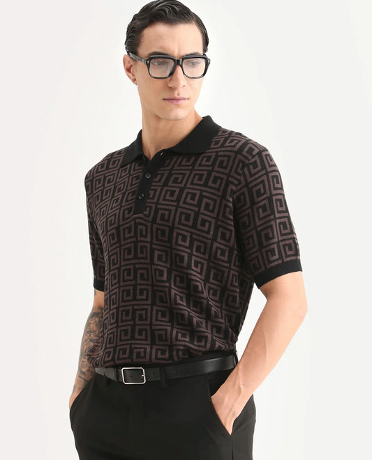 Rare Rabbit Men's Bennett Dark Brown Cotton Fabric Half Sleeve Regular Fit Geometric Print Polo