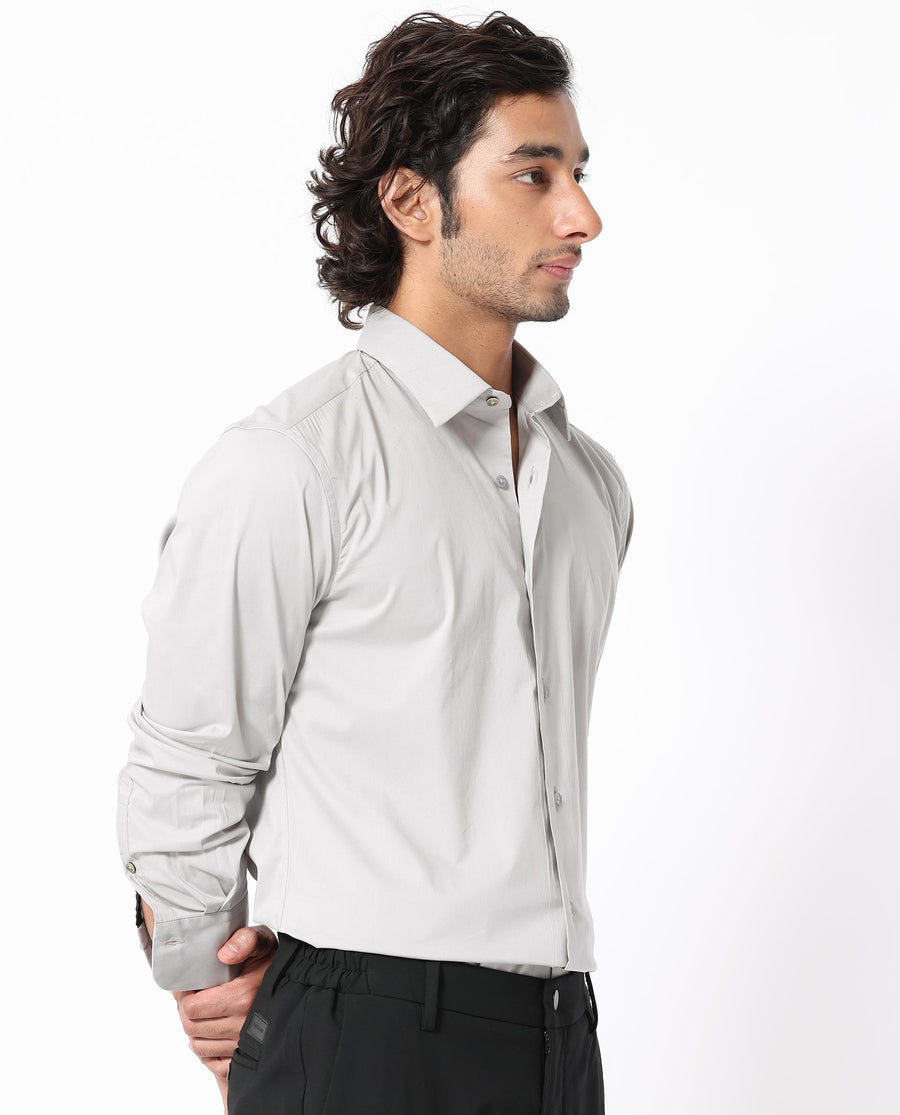 Rare Rabbit Men's Benedict Light Grey Cotton Plain Regular Fit Full Sleeve Collared Shirt