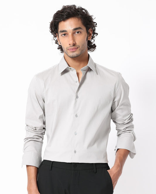 Rare Rabbit Men's Benedict Light Grey Cotton Plain Regular Fit Full Sleeve Collared Shirt
