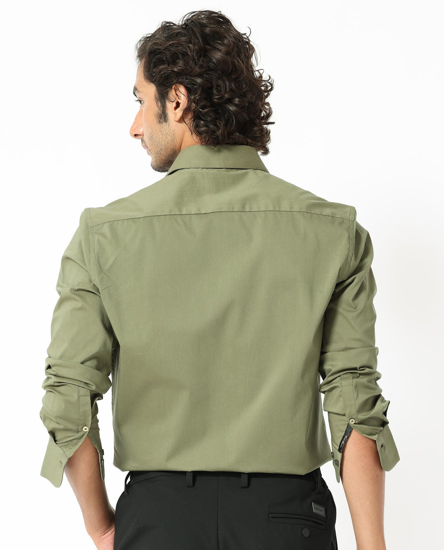 Rare Rabbit Men's Benedict Light Olive Cotton Plain Regular Fit Full Sleeve Collared Shirt