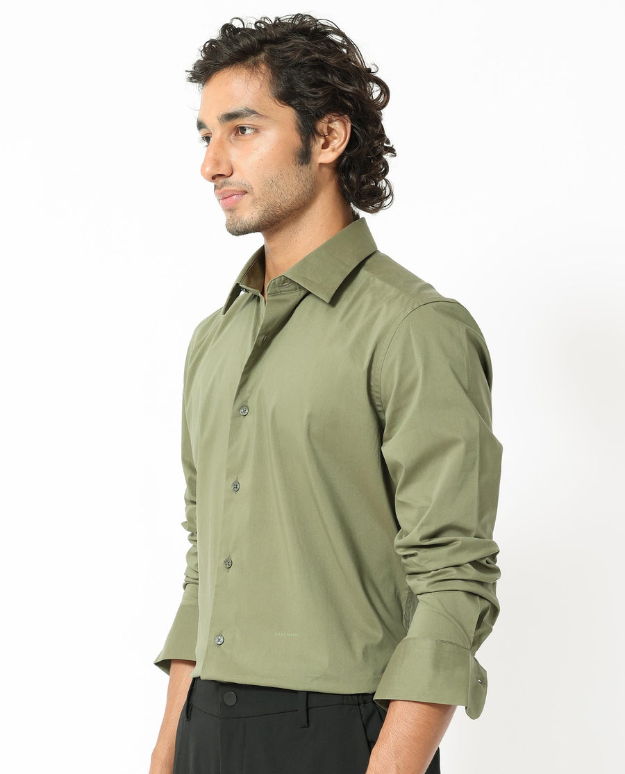 Rare Rabbit Men's Benedict Light Olive Cotton Plain Regular Fit Full Sleeve Collared Shirt
