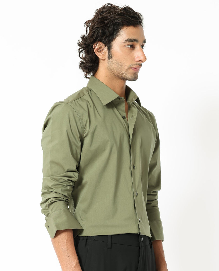 Rare Rabbit Men's Benedict Light Olive Cotton Plain Regular Fit Full Sleeve Collared Shirt