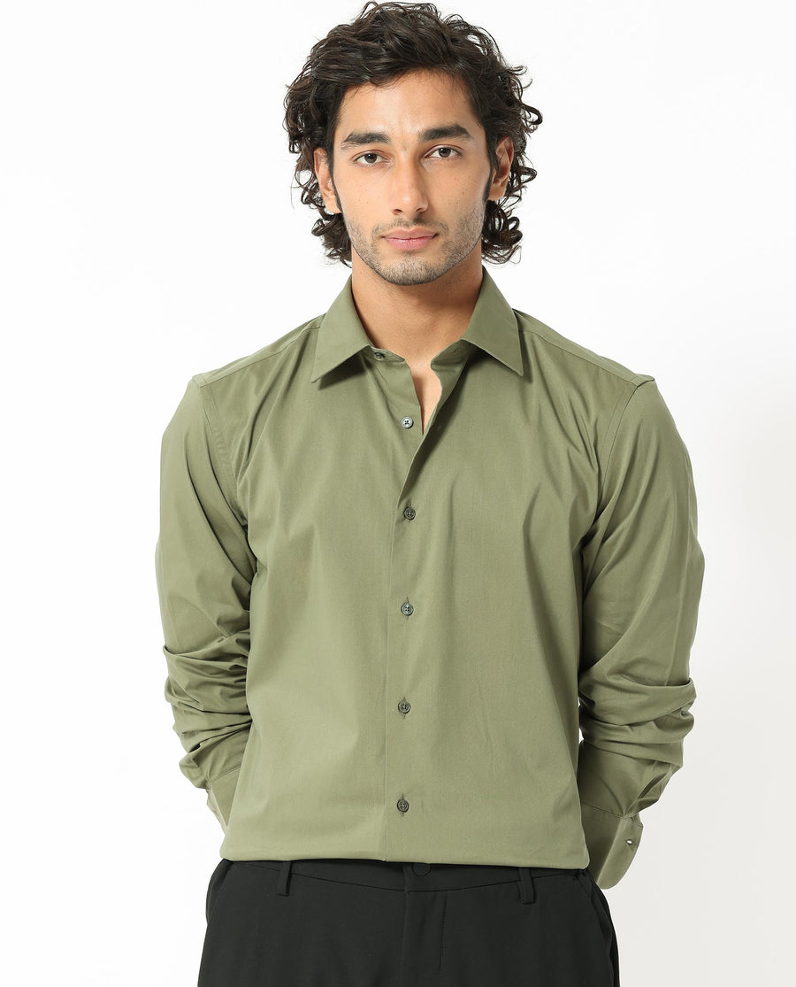 Rare Rabbit Men's Benedict Light Olive Cotton Plain Regular Fit Full Sleeve Collared Shirt