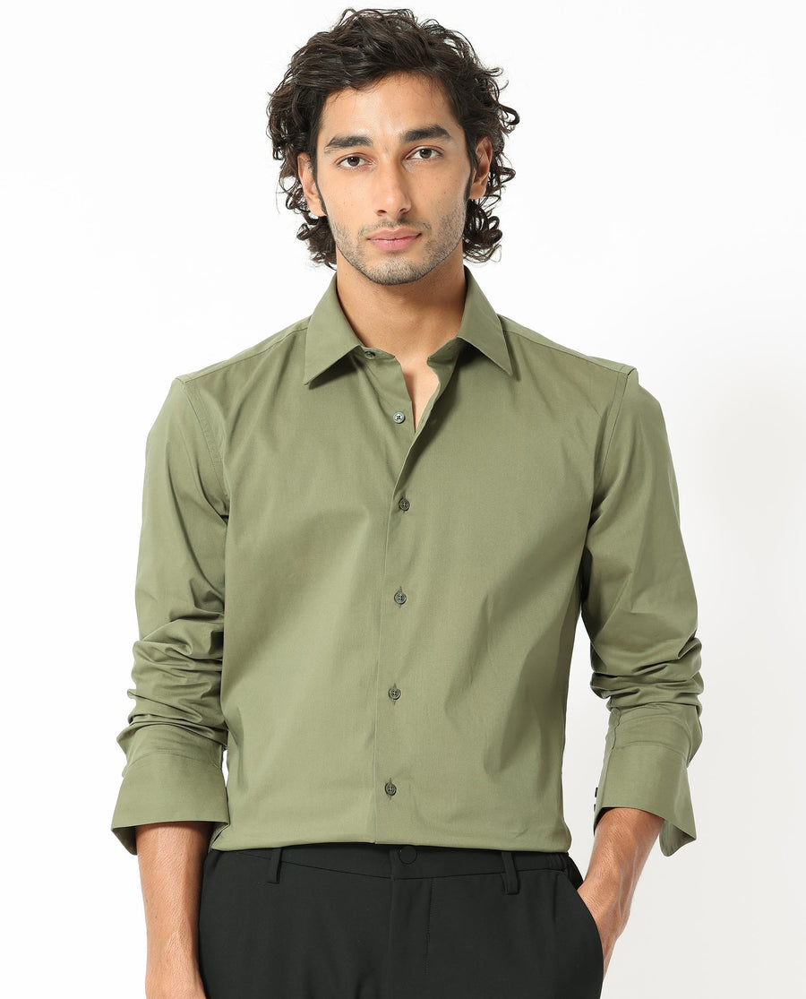 Rare Rabbit Men's Benedict Light Olive Cotton Plain Regular Fit Full Sleeve Collared Shirt