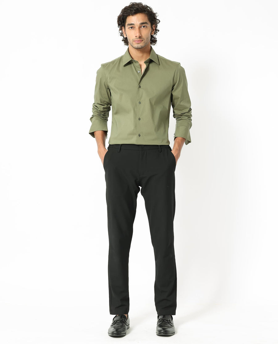Rare Rabbit Men's Benedict Light Olive Cotton Plain Regular Fit Full Sleeve Collared Shirt