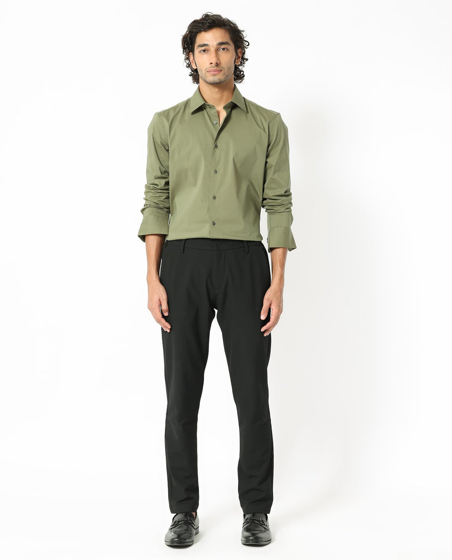 Rare Rabbit Men's Benedict Light Olive Cotton Plain Regular Fit Full Sleeve Collared Shirt