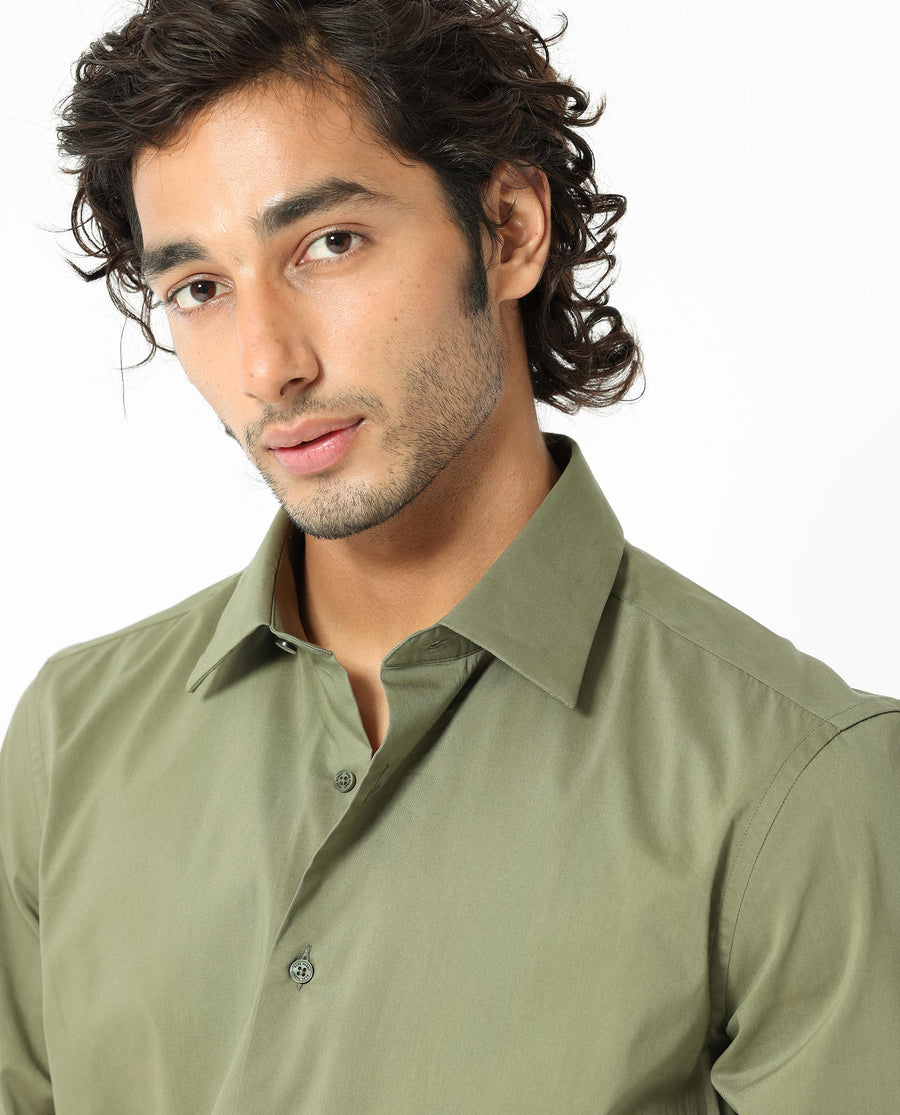 Rare Rabbit Men's Benedict Light Olive Cotton Plain Regular Fit Full Sleeve Collared Shirt