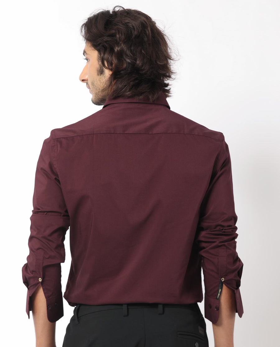 Rare Rabbit Men's Benedict Maroon Cotton Plain Regular Fit Full Sleeve Collared Shirt