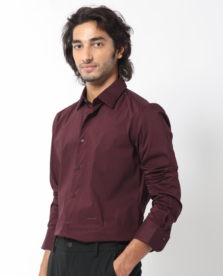 Rare Rabbit Men's Benedict Maroon Cotton Plain Regular Fit Full Sleeve Collared Shirt
