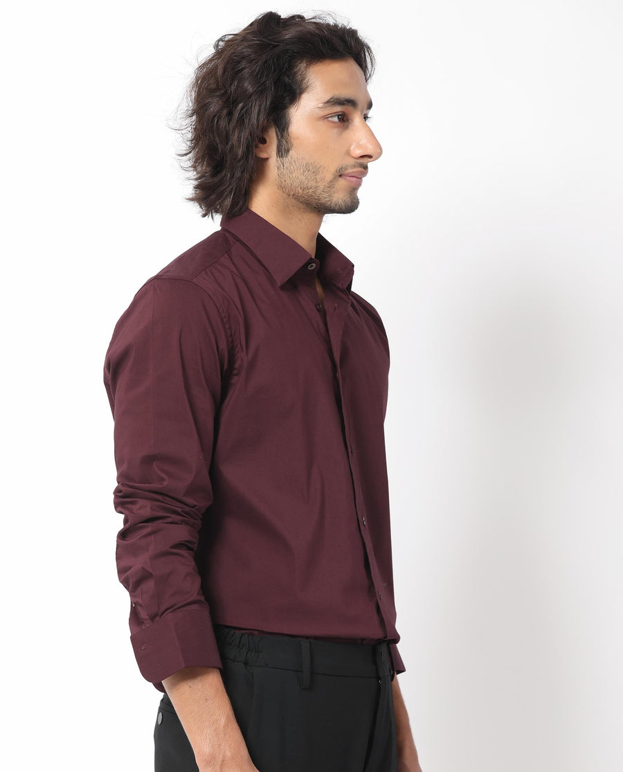 Rare Rabbit Men's Benedict Maroon Cotton Plain Regular Fit Full Sleeve Collared Shirt