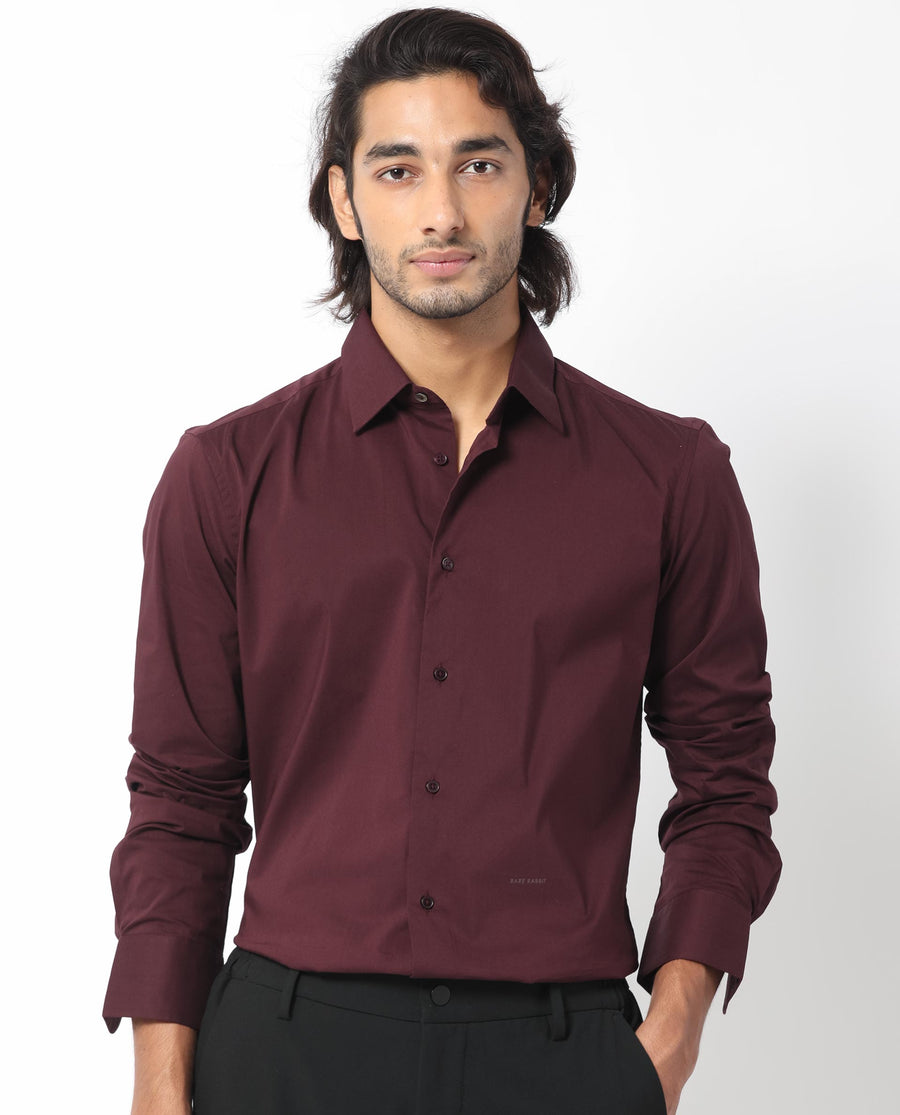 Rare Rabbit Men's Benedict Maroon Cotton Plain Regular Fit Full Sleeve Collared Shirt