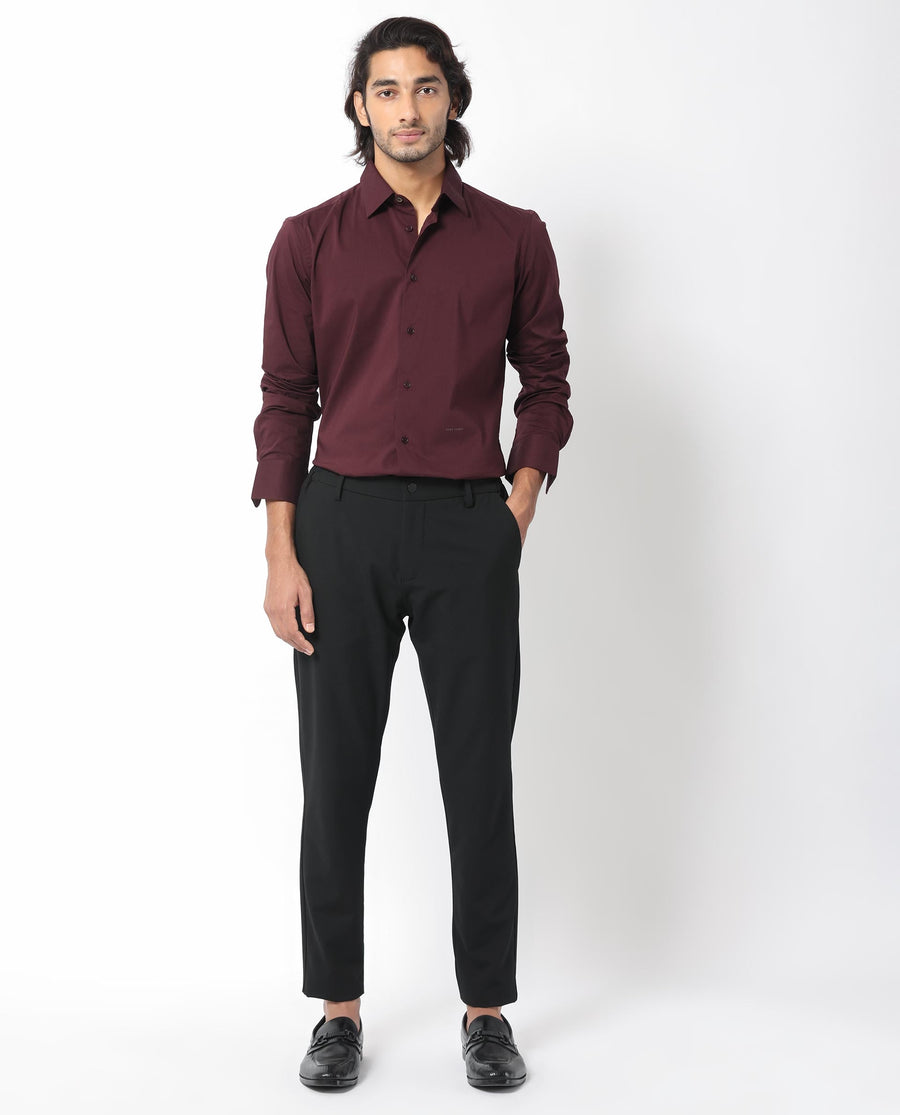 Rare Rabbit Men's Benedict Maroon Cotton Plain Regular Fit Full Sleeve Collared Shirt