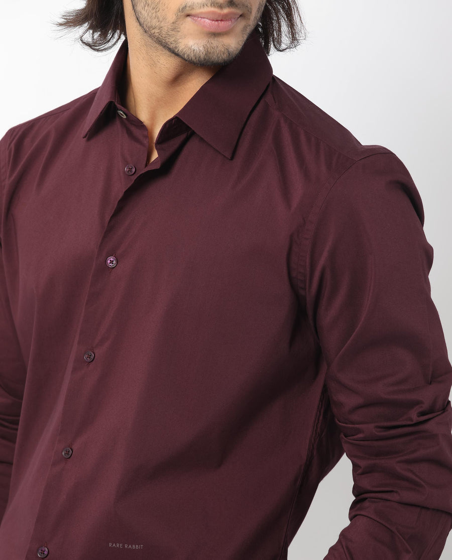 Rare Rabbit Men's Benedict Maroon Cotton Plain Regular Fit Full Sleeve Collared Shirt
