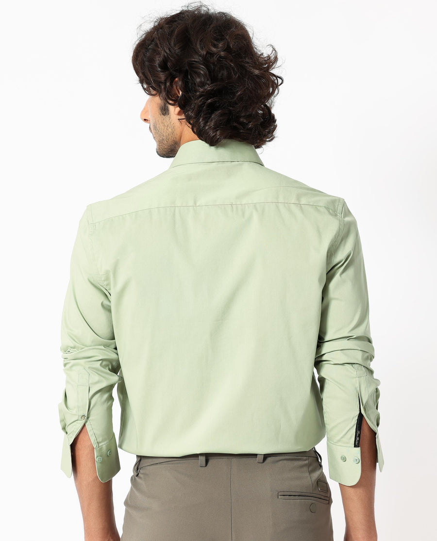 Rare Rabbit Men's Benedict Pastel Green Cotton Plain Regular Fit Full Sleeve Collared Shirt