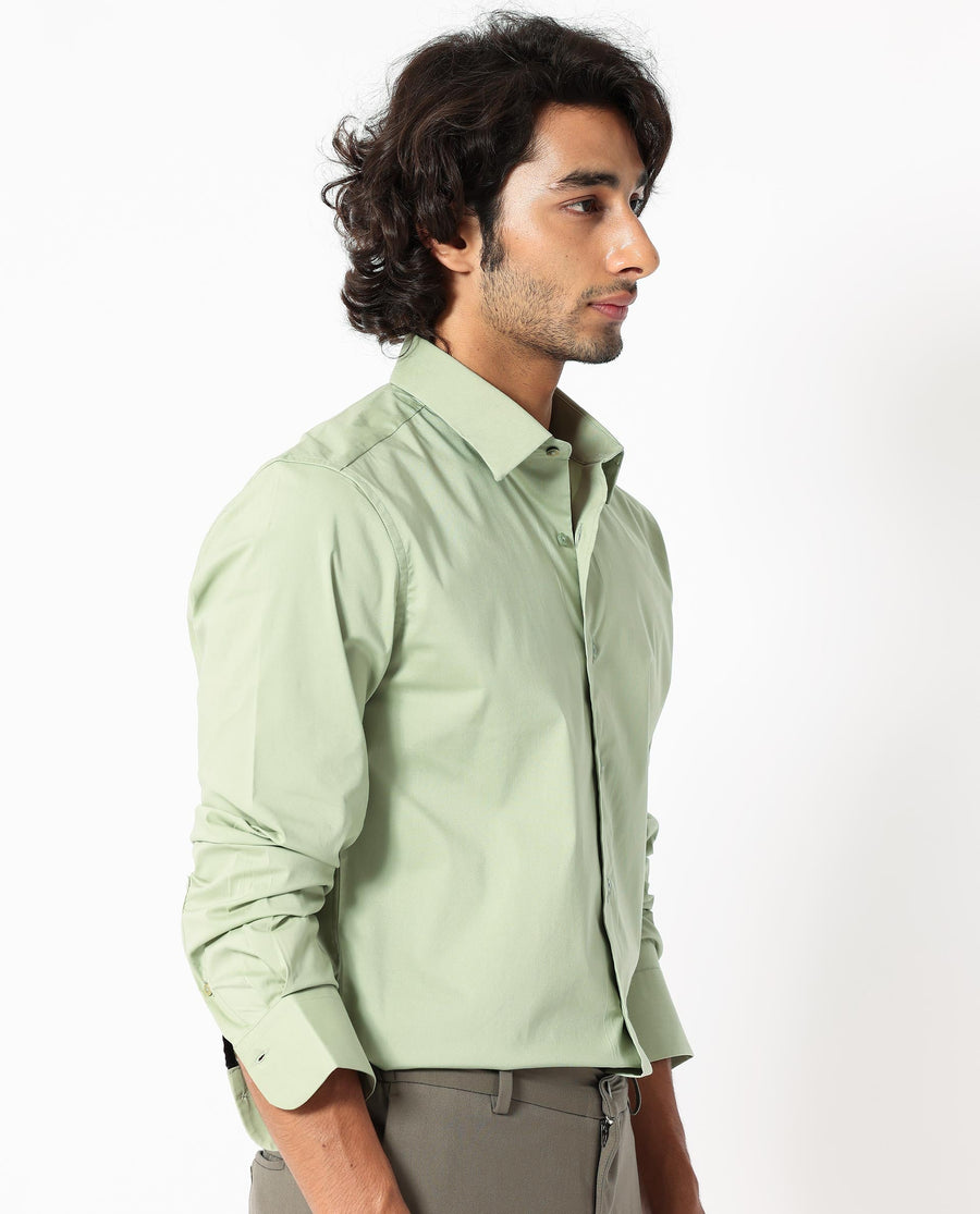 Rare Rabbit Men's Benedict Pastel Green Cotton Plain Regular Fit Full Sleeve Collared Shirt