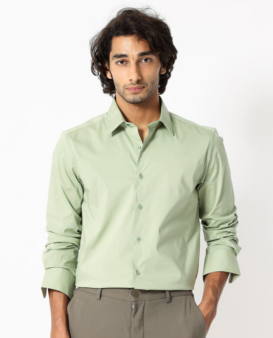 Rare Rabbit Men's Benedict Pastel Green Cotton Plain Regular Fit Full Sleeve Collared Shirt