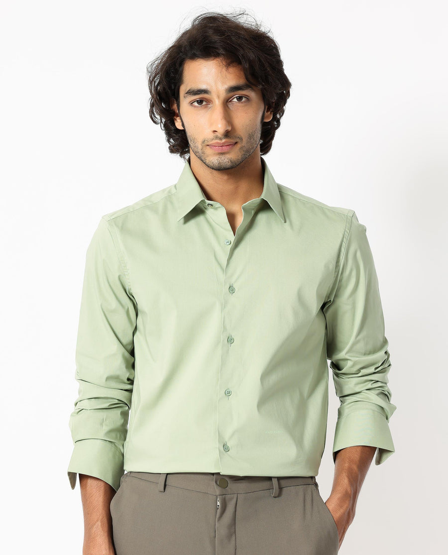 Rare Rabbit Men's Benedict Pastel Green Cotton Plain Regular Fit Full Sleeve Collared Shirt