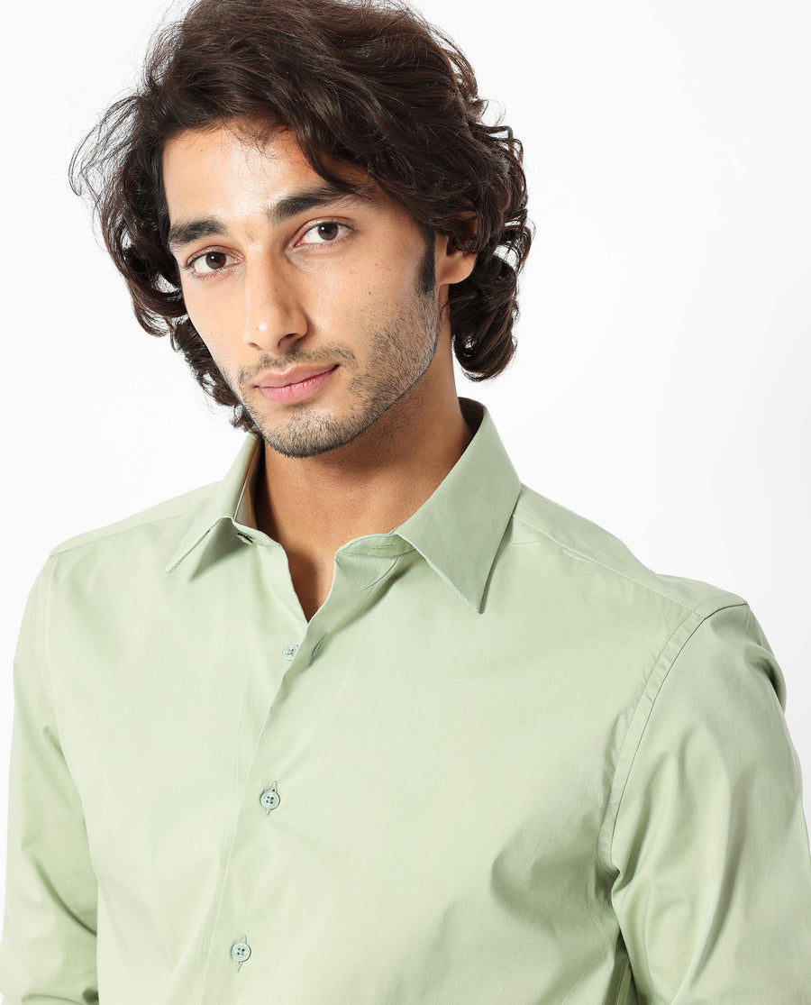 Rare Rabbit Men's Benedict Pastel Green Cotton Plain Regular Fit Full Sleeve Collared Shirt