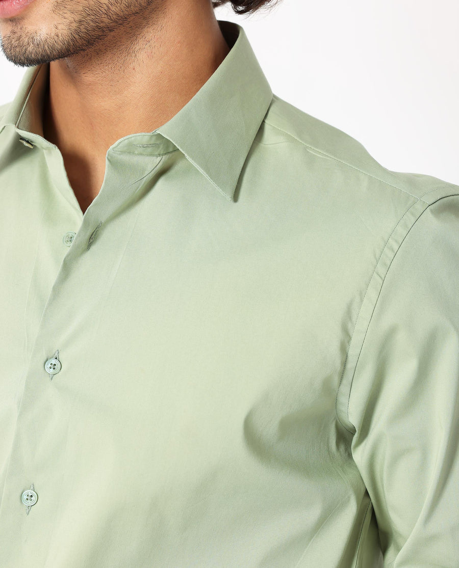 Rare Rabbit Men's Benedict Pastel Green Cotton Plain Regular Fit Full Sleeve Collared Shirt