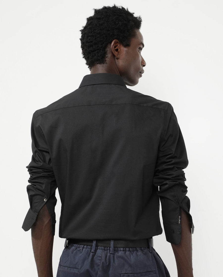 Rare Rabbit Men's Benedict Black Cotton Plain Regular Fit Full Sleeve Collared Shirt