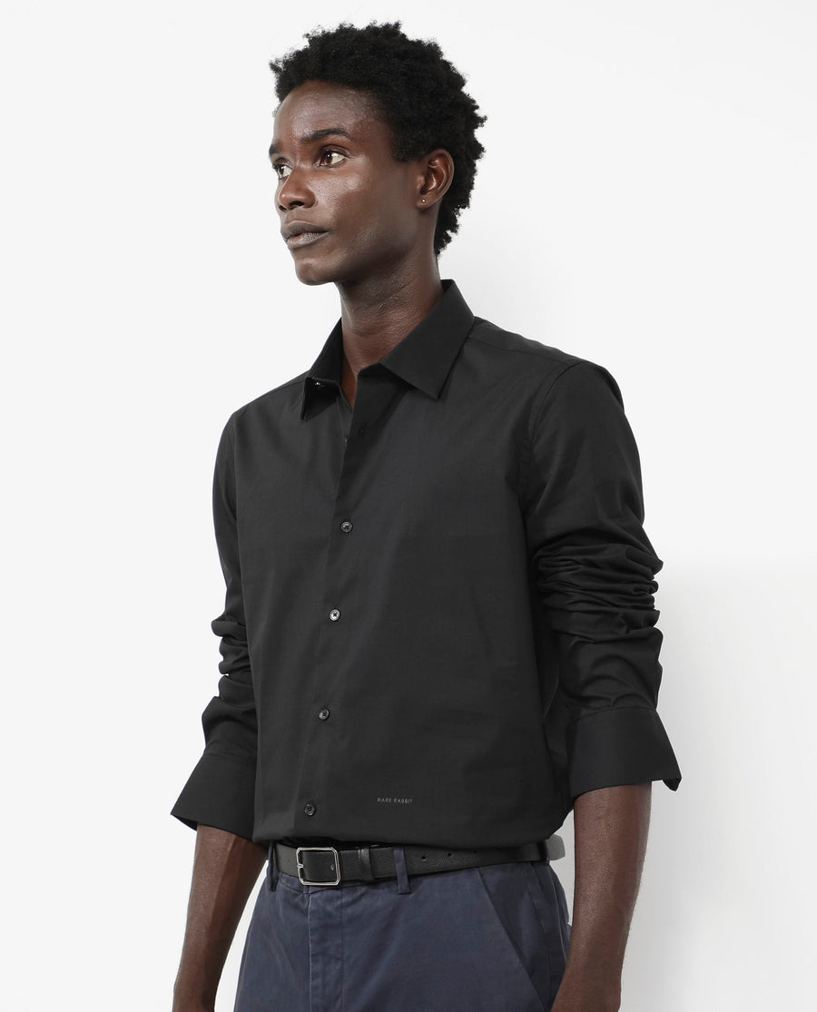 Rare Rabbit Men's Benedict Black Cotton Plain Regular Fit Full Sleeve Collared Shirt
