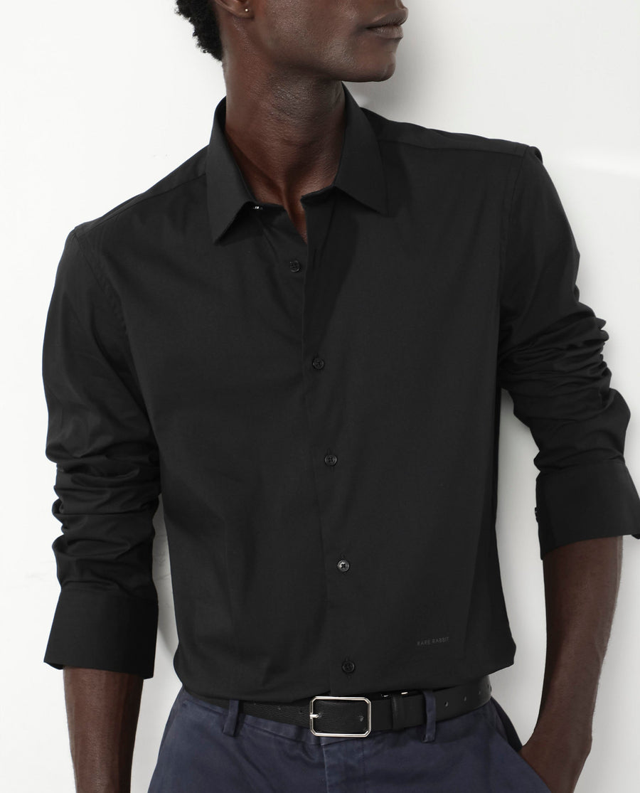 Rare Rabbit Men's Benedict Black Cotton Plain Regular Fit Full Sleeve Collared Shirt
