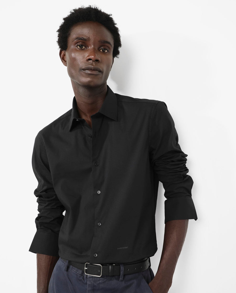 Rare Rabbit Men's Benedict Black Cotton Plain Regular Fit Full Sleeve Collared Shirt