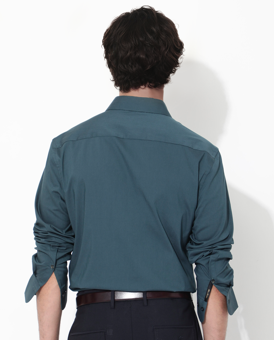 Rare Rabbit Men's Bendict Dark Teal Cotton Plain Regular Fit Full Sleeve Collared Shirt