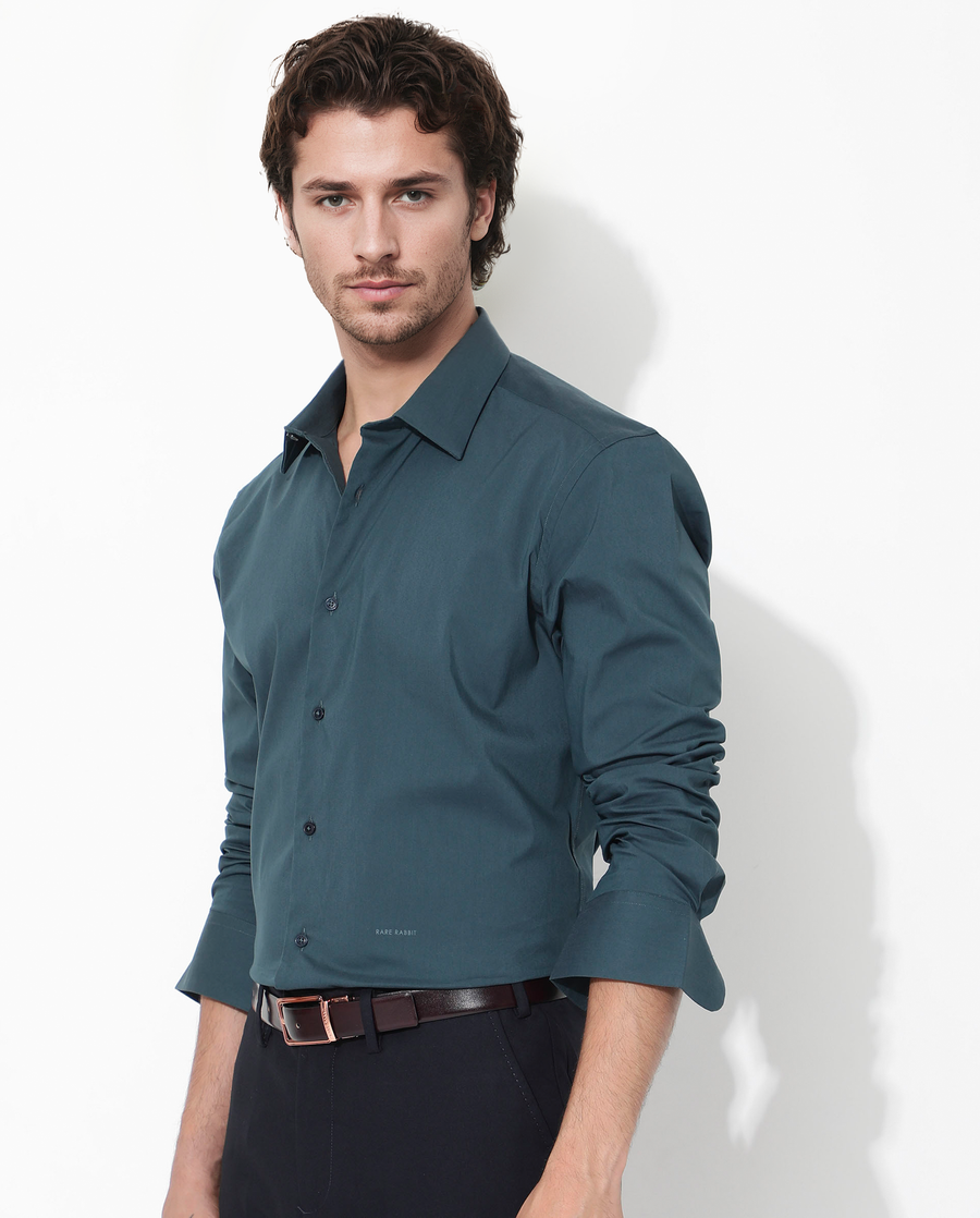 Rare Rabbit Men's Bendict Dark Teal Cotton Plain Regular Fit Full Sleeve Collared Shirt
