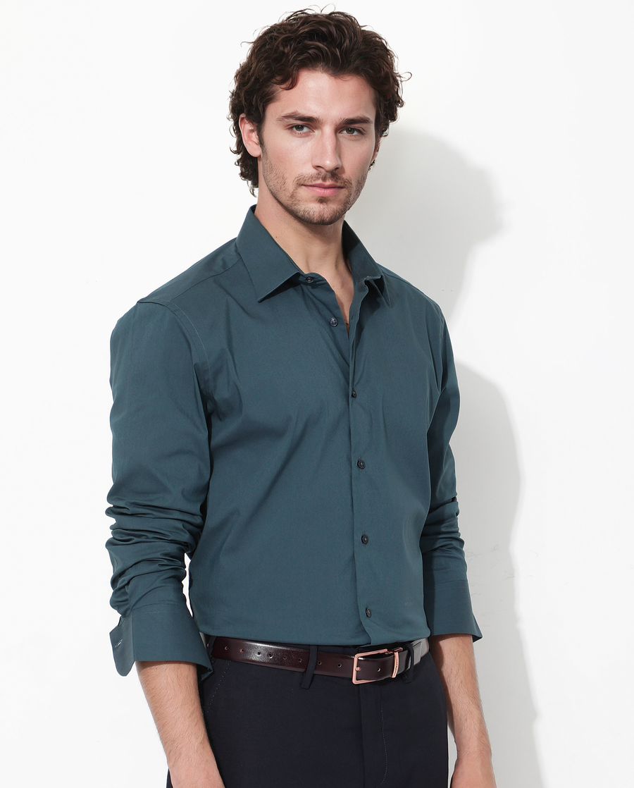 Rare Rabbit Men's Bendict Dark Teal Cotton Plain Regular Fit Full Sleeve Collared Shirt