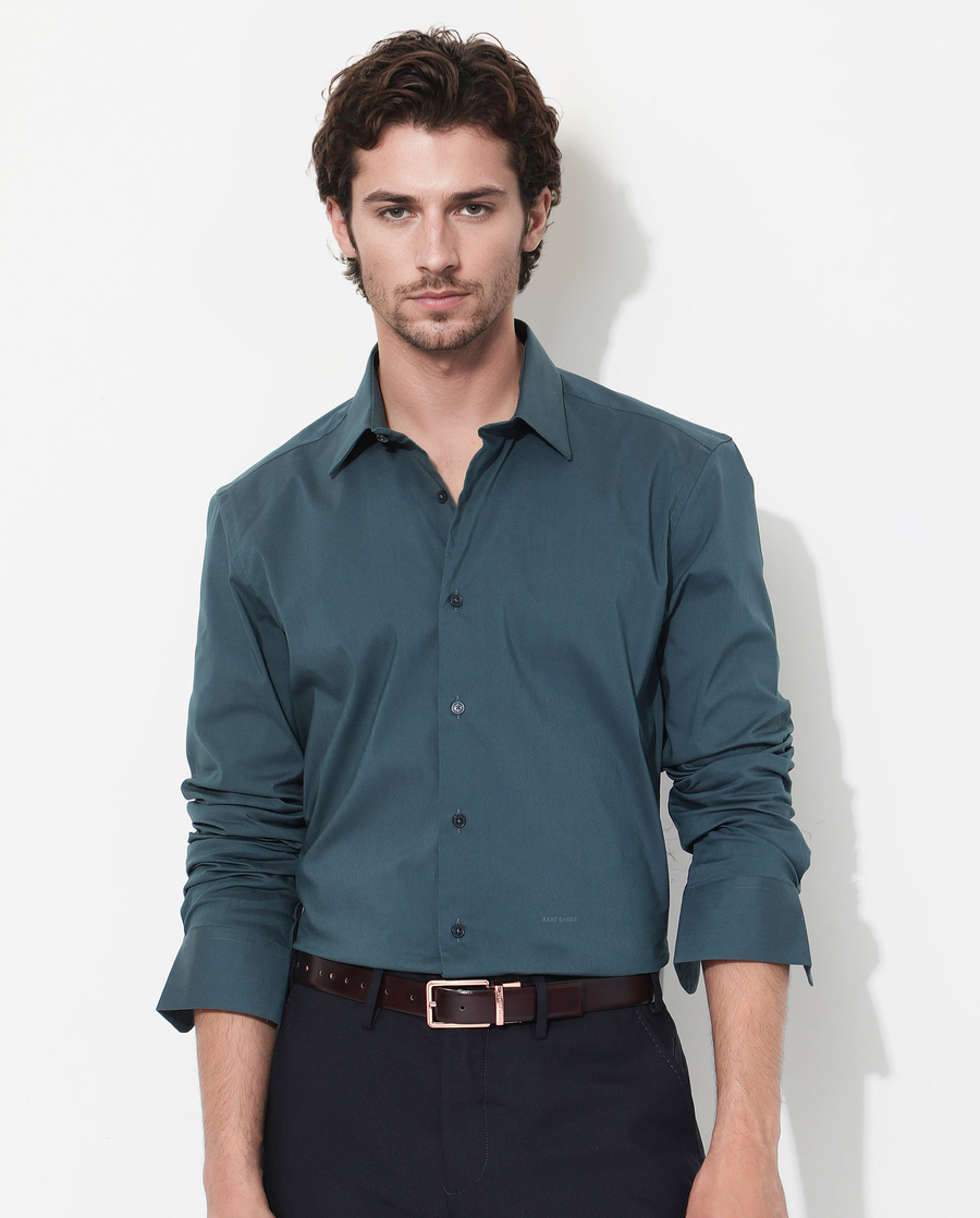 Rare Rabbit Men's Bendict Dark Teal Cotton Plain Regular Fit Full Sleeve Collared Shirt