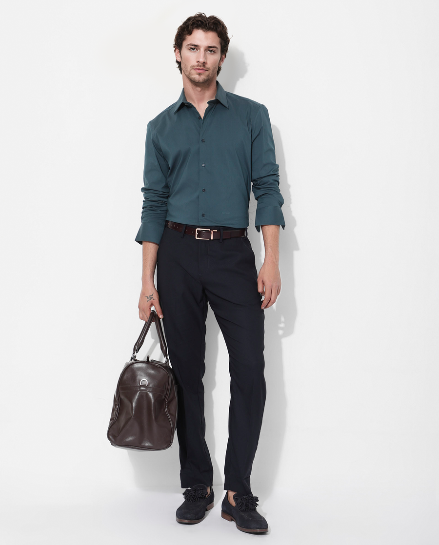 Rare Rabbit Men's Bendict Dark Teal Cotton Plain Regular Fit Full Sleeve Collared Shirt