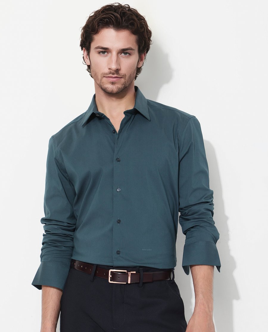 Rare Rabbit Men's Bendict Dark Teal Cotton Plain Regular Fit Full Sleeve Collared Shirt
