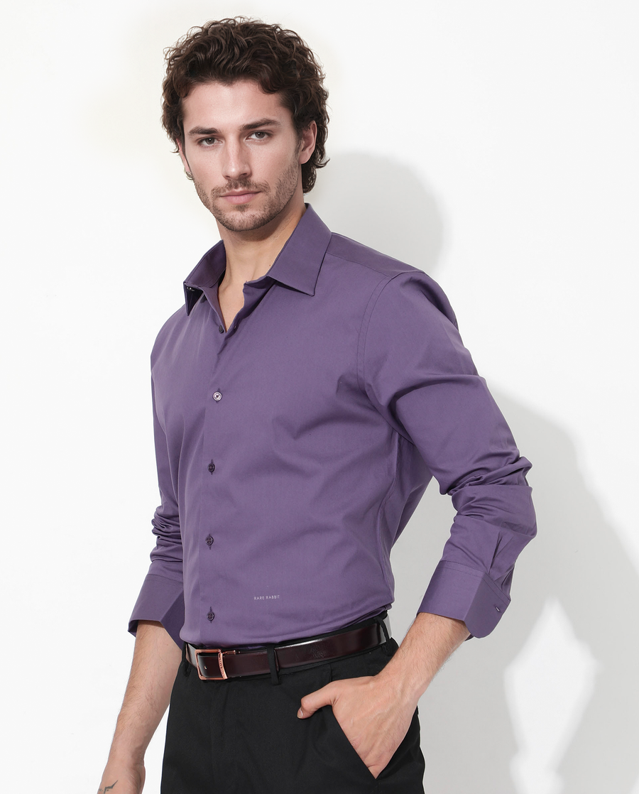 Rare Rabbit Men's Bendict Dusky Purple Cotton Plain Regular Fit Full Sleeve Collared Shirt