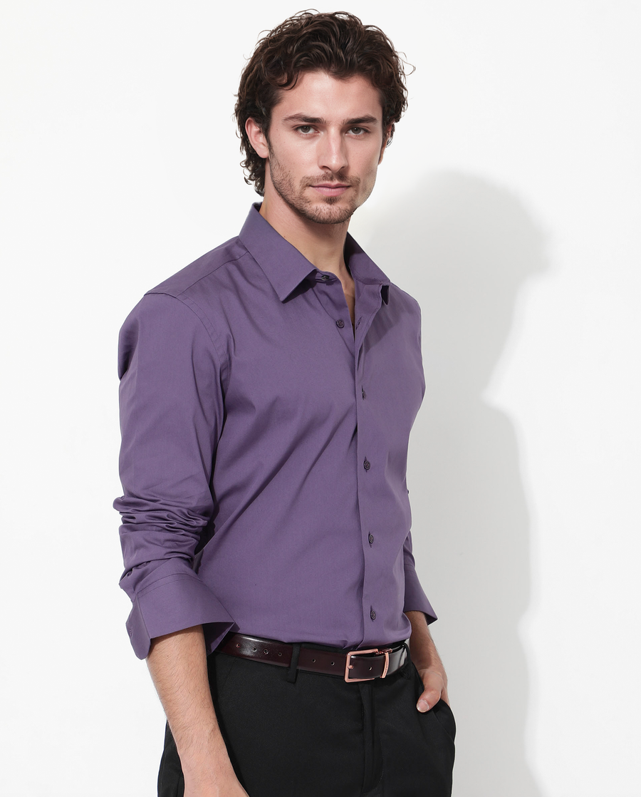 Rare Rabbit Men's Bendict Dusky Purple Cotton Plain Regular Fit Full Sleeve Collared Shirt