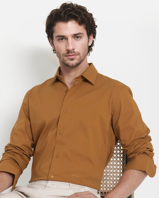 Rare Rabbit Men's Bendict Mustard Cotton Plain Regular Fit Full Sleeve Collared Shirt