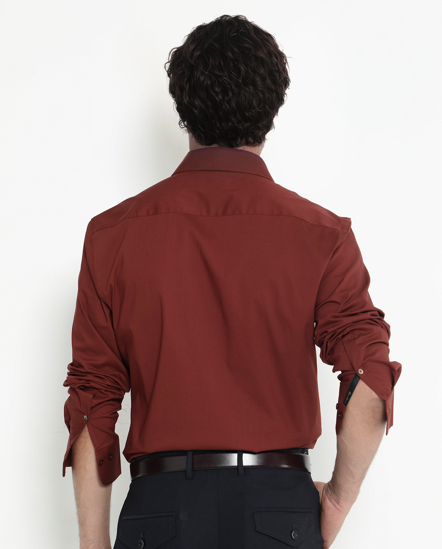 Rare Rabbit Men's Bendict Rust Cotton Plain Regular Fit Full Sleeve Collared Shirt